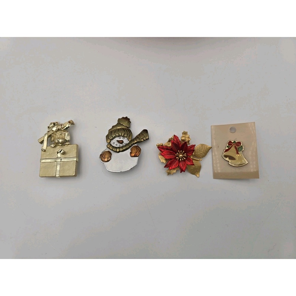 Lot of 4‎ Christmas Holiday Brooch Pins Snowman Puppy Pointsettia Vtg Bells